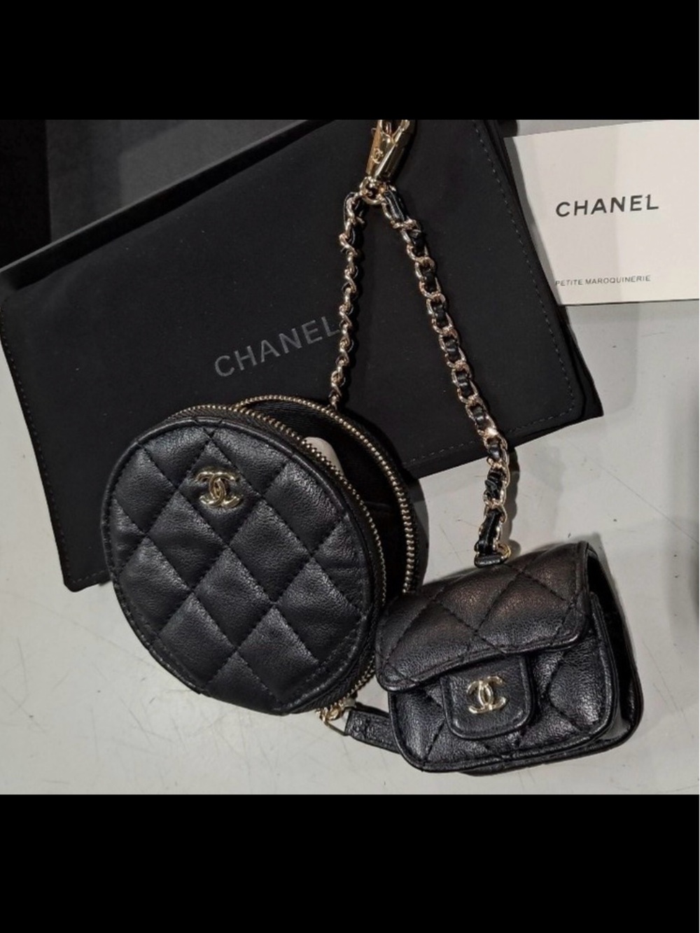 GWP-CHANEL Black or Metallic Gold Quilted Coin Pouch & EarBud Set